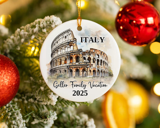 Custom vacation Italy Colosseum ceramic photo ornament with personalized message – handmade Christmas bauble, gift souvenir, or vacation keepsake. 