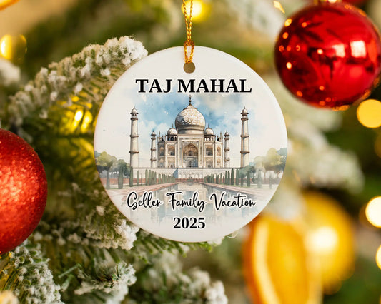 Custom vacation Taj Mahal ceramic photo ornament with personalized message – handmade Christmas bauble, gift souvenir, or vacation keepsake. 