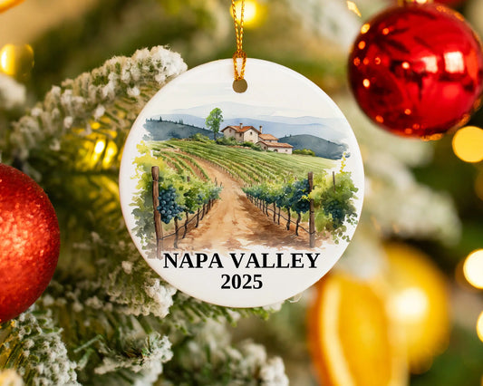 Custom Napa Valley California ceramic photo ornament with personalized message – handmade Christmas bauble, gift souvenir, or vacation keepsake.  