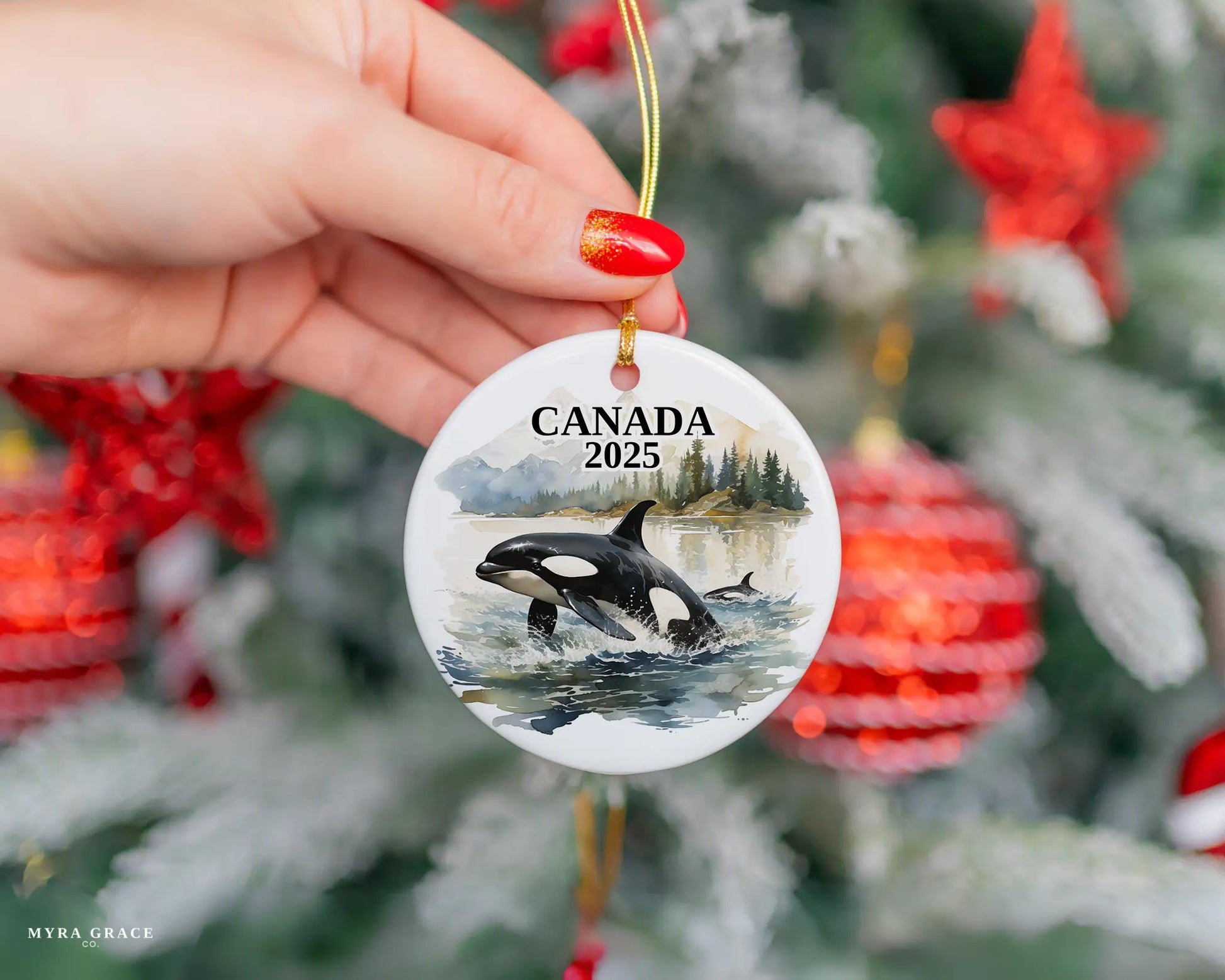 Custom Canada ceramic photo ornament with personalized message – handmade Christmas bauble, gift souvenir, or vacation keepsake.  