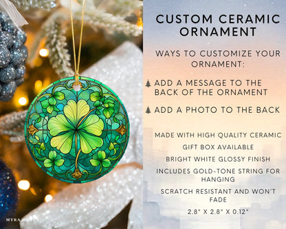 Ceramic ornament with shamrocks and clovers – non-customizable lucky charm gift or seasonal keepsake. Infographic