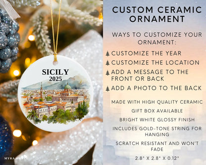 Sicily Italy Ornament Custom Gift Souvenir Bauble. Custom Sicily Italy ceramic photo ornament with personalized message – handmade Christmas bauble, gift souvenir, or vacation keepsake.  Infographic