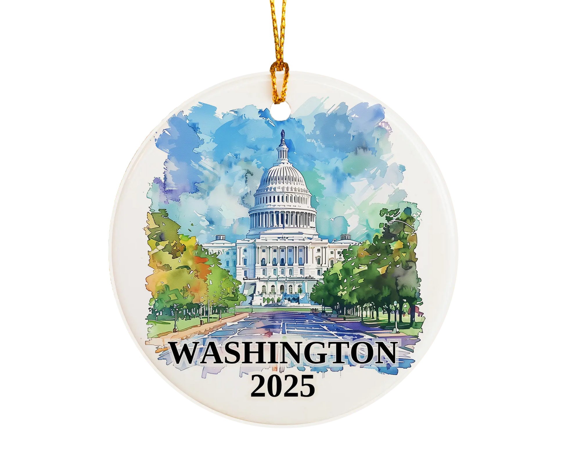 Custom Washington DC ceramic photo ornament with personalized message – handmade Christmas bauble, gift souvenir, or vacation keepsake. 