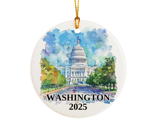 Custom Washington DC ceramic photo ornament with personalized message – handmade Christmas bauble, gift souvenir, or vacation keepsake. 