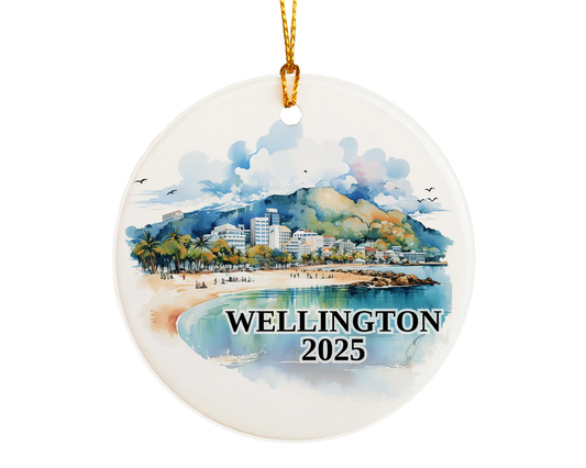 Custom Wellington New Zealand ceramic photo ornament with personalized message – handmade Christmas bauble, gift souvenir, or vacation keepsake. 