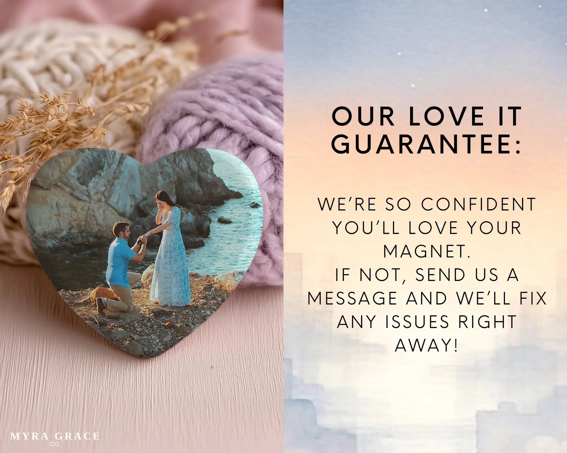 Heart-shaped custom engagement ceramic photo magnet on fridge – handmade personalized gift or Christmas fridge magnet. Love it guarantee