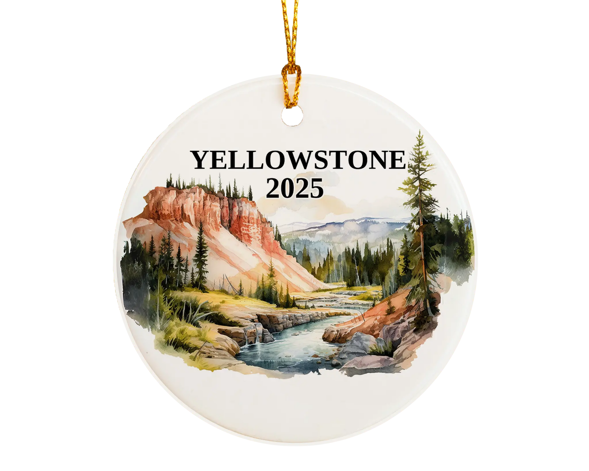 Custom Yellowstone National Park ceramic photo ornament with personalized message – handmade Christmas bauble, gift souvenir, or vacation keepsake. 