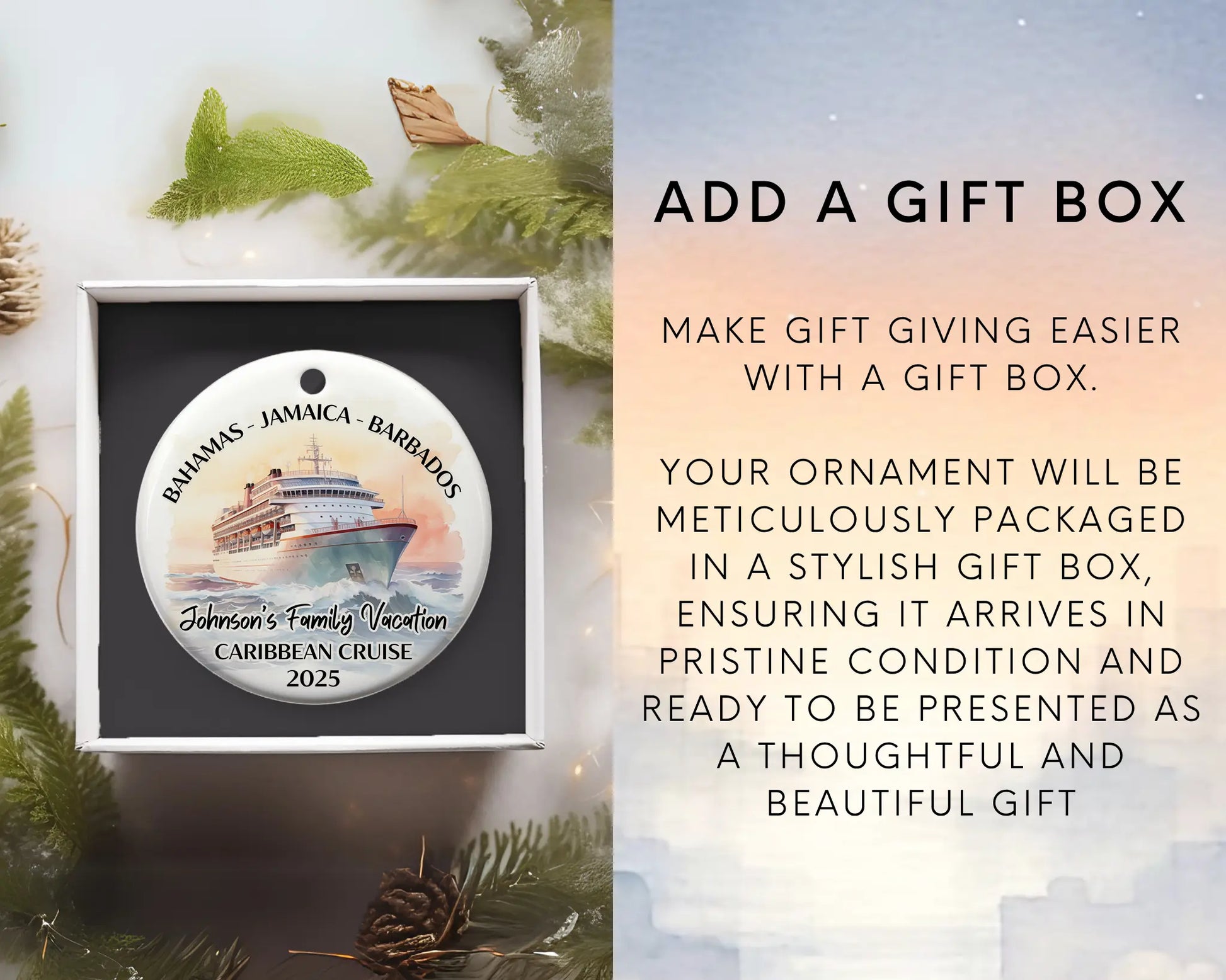Handmade ceramic Caribbean cruise ornament with personalized location and photo – custom Christmas bauble or cruise vacation souvenir. Add gift box