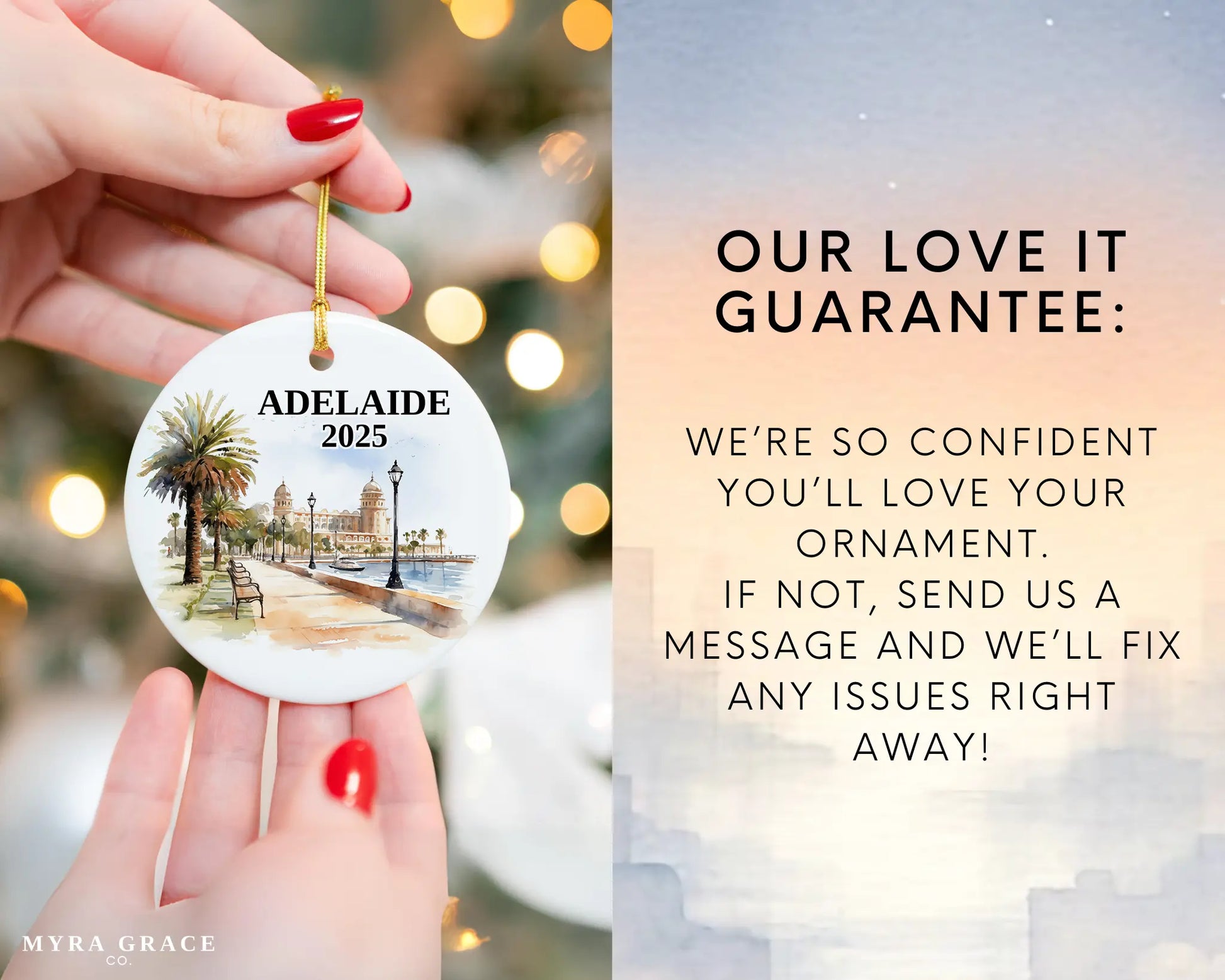 Adelaide Australia Custom ceramic photo ornament with personalized message – handmade Christmas bauble, gift souvenir, or vacation keepsake. Love it Guarantee