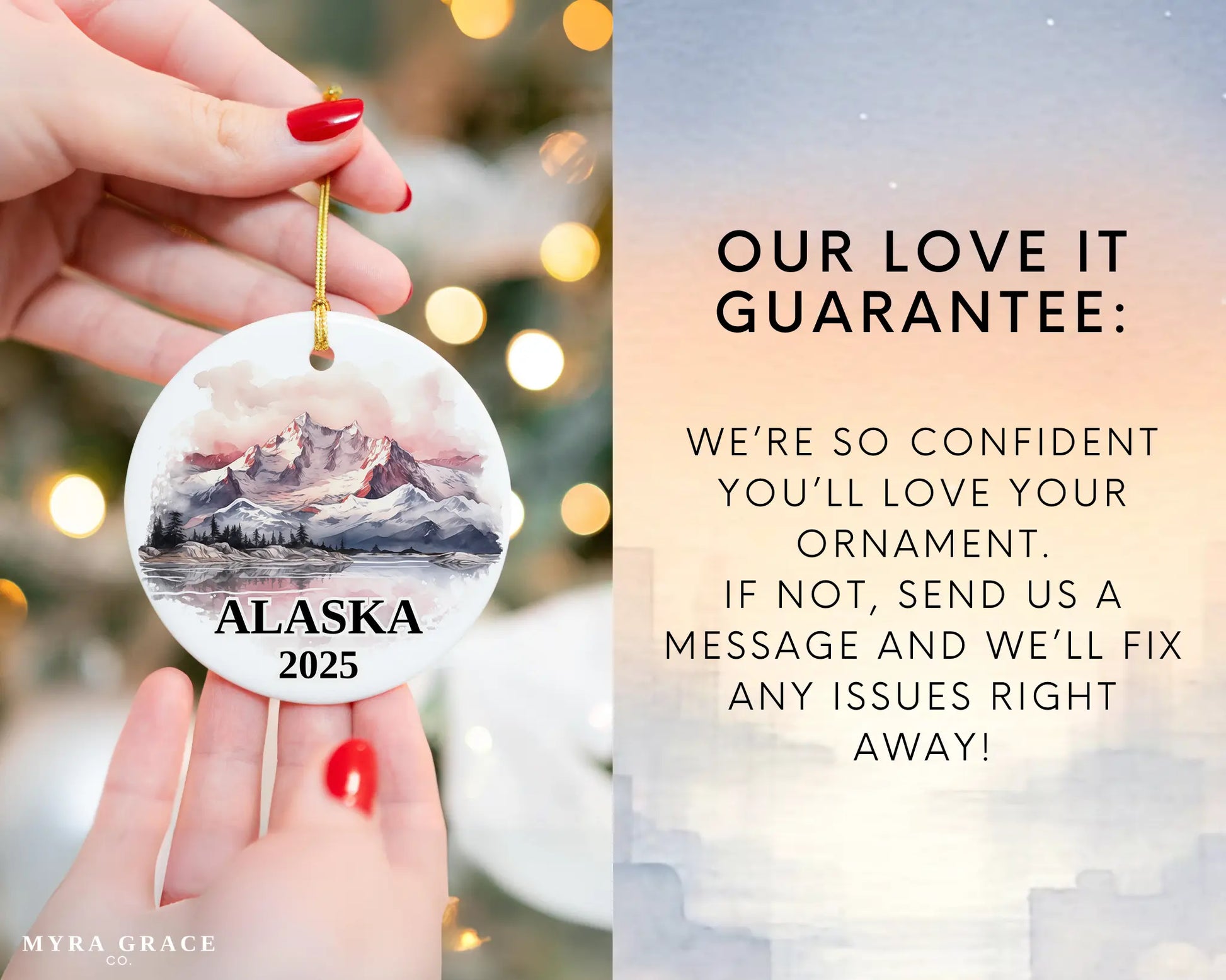 Custom Alaska ceramic photo ornament with personalized message – handmade Christmas bauble, gift souvenir, or vacation keepsake. Love it guarantee