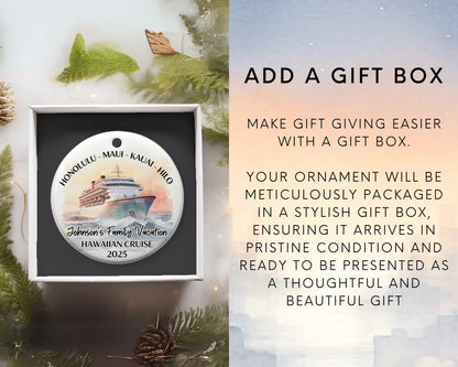 Handmade ceramic Hawaii cruise ornament with personalized location and photo – custom Christmas bauble or cruise vacation souvenir. Add gift box