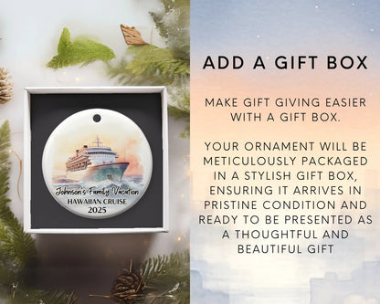 Handmade ceramic Hawaii cruise ornament with personalized location and photo – custom Christmas bauble or cruise vacation souvenir. Add gift box