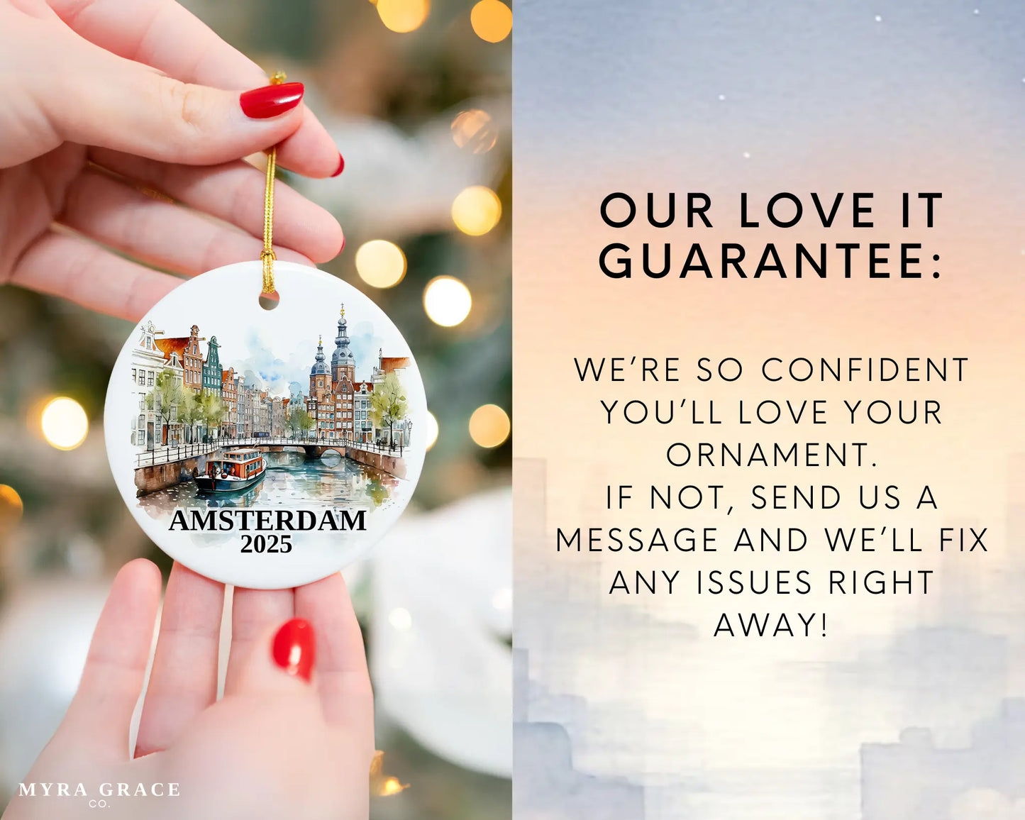 Custom Amsterdam, Netherlands ceramic photo ornament with personalized message – handmade Christmas bauble, gift souvenir, or vacation keepsake. Love it guarantee