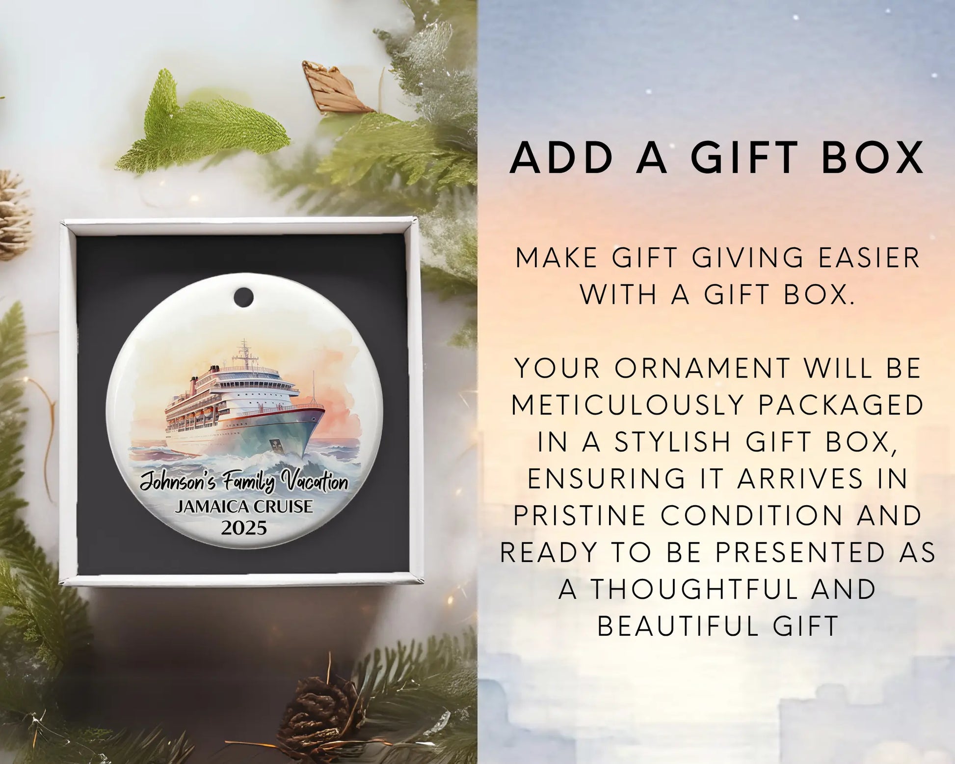 Handmade ceramic Jamaica cruise ornament with personalized location and photo – custom Christmas bauble or cruise vacation souvenir. Add gift box