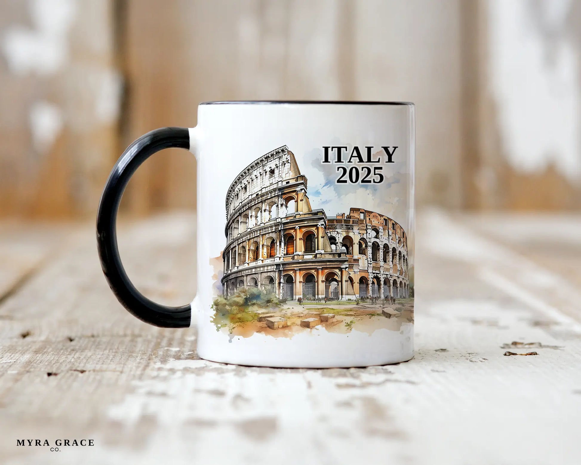 Custom ceramic Italy Colosseum vacation mug with watercolor location design, date, and personal photo – personalized travel gift or photo mug. 