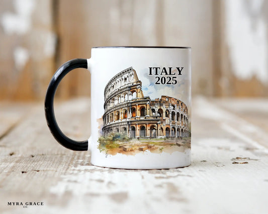 Custom ceramic Italy Colosseum vacation mug with watercolor location design, date, and personal photo – personalized travel gift or photo mug. 
