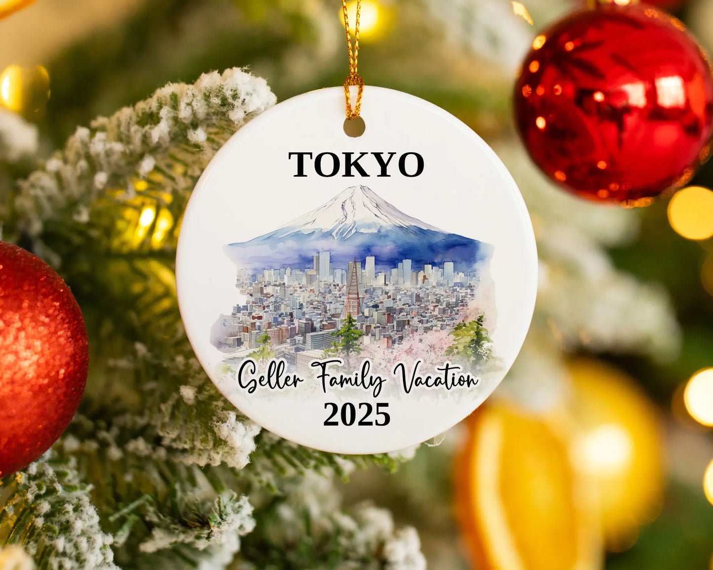 Custom vacation Tokyo Japan ceramic photo ornament with personalized message – handmade Christmas bauble, gift souvenir, or vacation keepsake. 