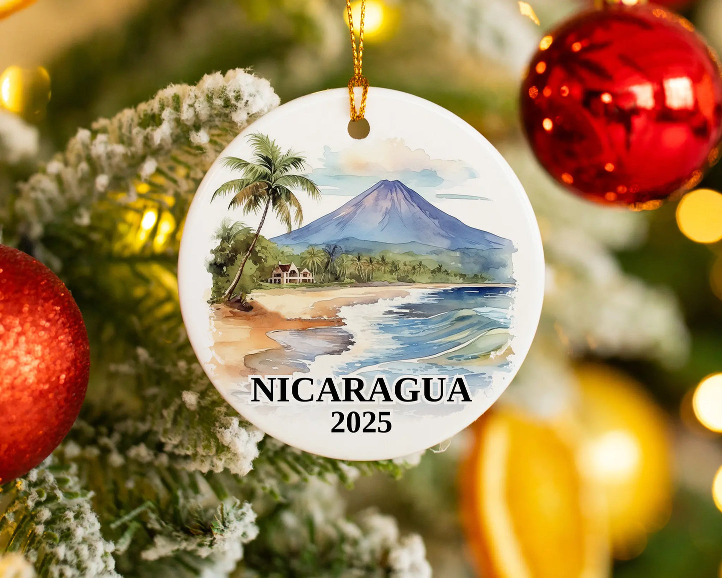 Custom Nicaragua ceramic photo ornament with personalized message – handmade Christmas bauble, gift souvenir, or vacation keepsake. 