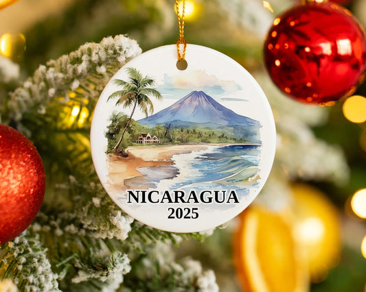 Custom Nicaragua ceramic photo ornament with personalized message – handmade Christmas bauble, gift souvenir, or vacation keepsake. 