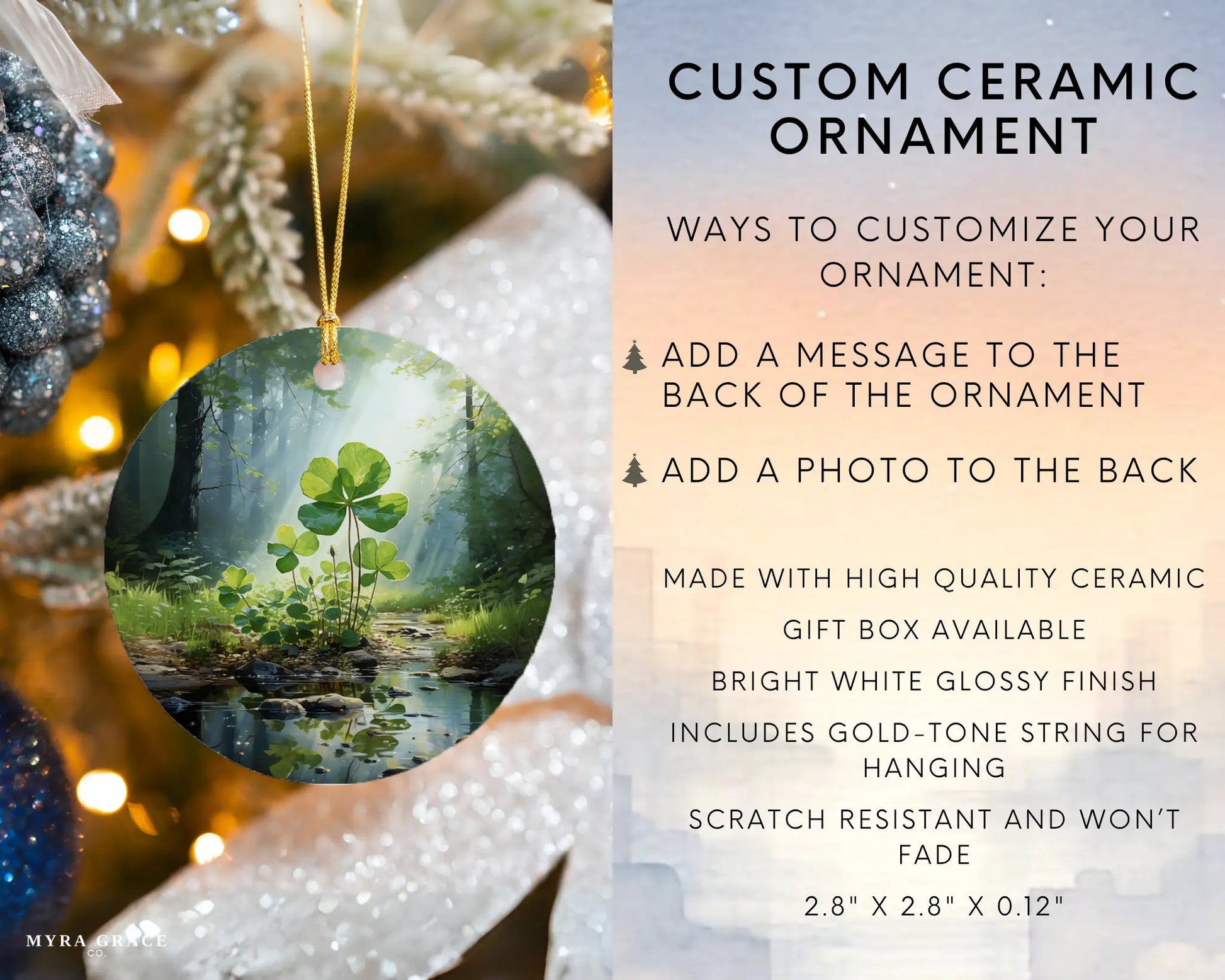 Ceramic ornament with shamrocks and clovers – lucky charm gift or seasonal keepsake. Infographic