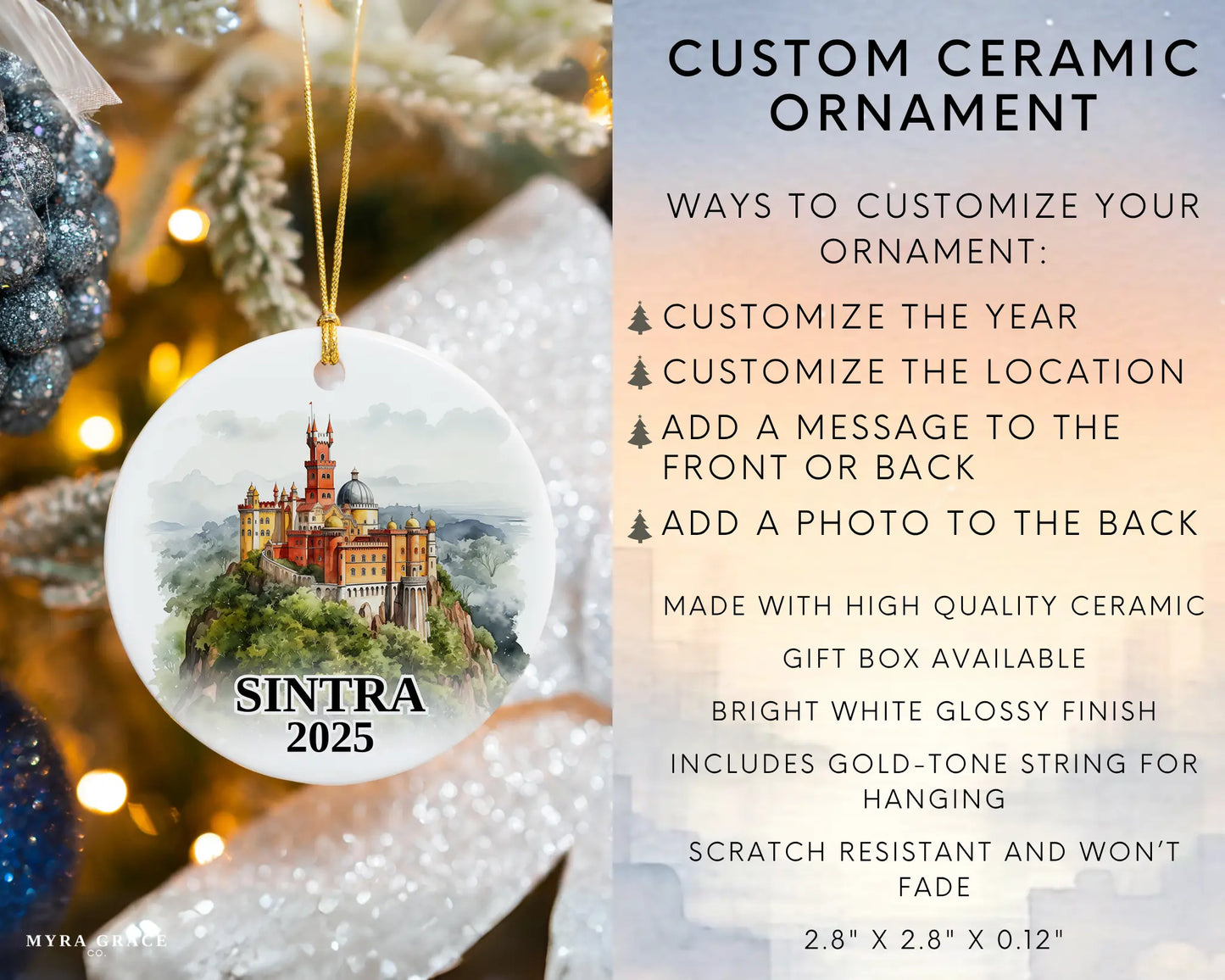 Sintra Portugal Ornament Custom Gift Souvenir Bauble. Custom Sintra Portugal ceramic photo ornament with personalized message – handmade Christmas bauble, gift souvenir, or vacation keepsake.  Infographic