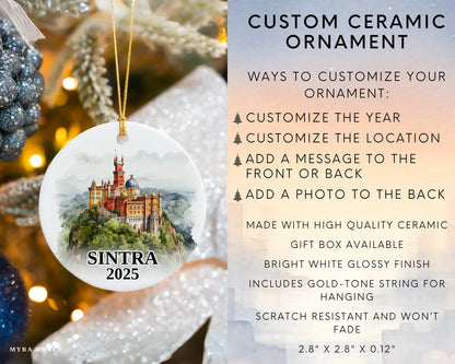 Sintra Portugal Ornament Custom Gift Souvenir Bauble. Custom Sintra Portugal ceramic photo ornament with personalized message – handmade Christmas bauble, gift souvenir, or vacation keepsake.  Infographic