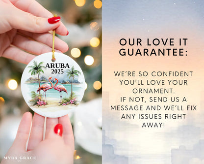 Custom Aruba ceramic photo ornament with personalized message – handmade Christmas bauble, gift souvenir, or vacation keepsake. Love it guarantee