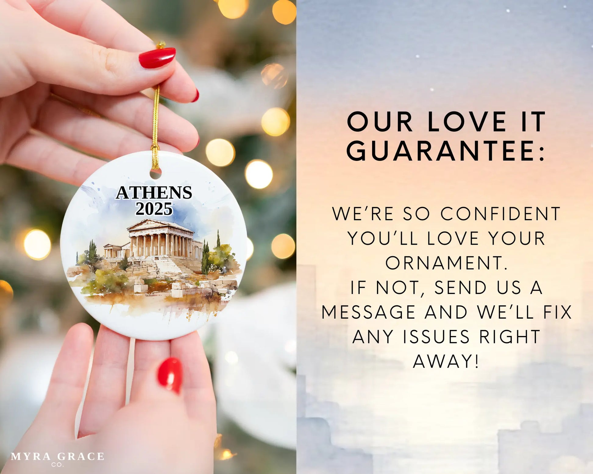 Custom Athens, Greece ceramic photo ornament with personalized message – handmade Christmas bauble, gift souvenir, or vacation keepsake. Love it guarantee