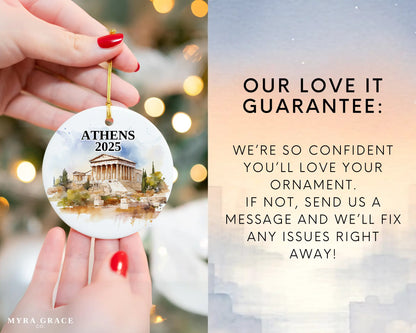 Custom Athens, Greece ceramic photo ornament with personalized message – handmade Christmas bauble, gift souvenir, or vacation keepsake. Love it guarantee