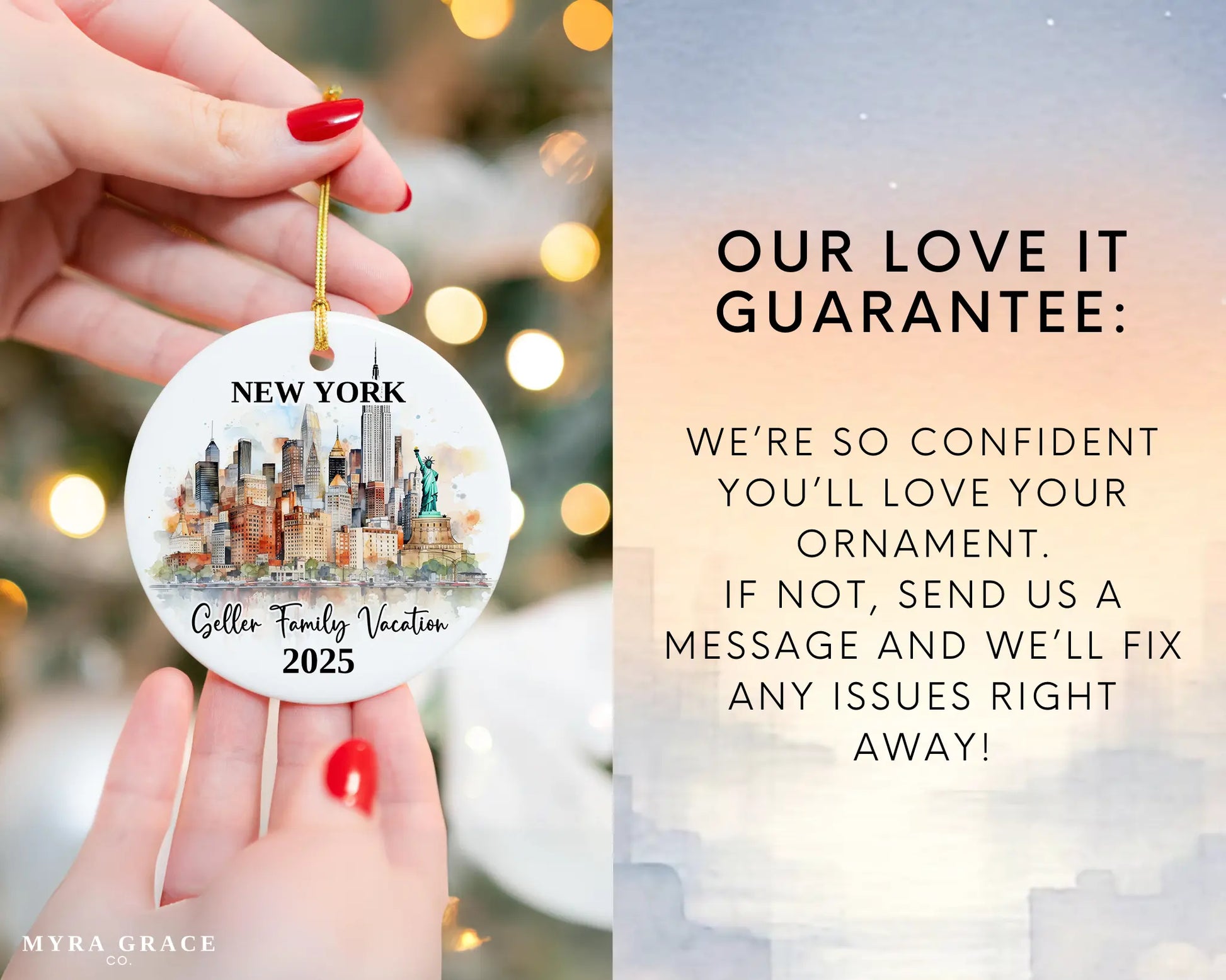 Custom vacation New York ceramic photo ornament with personalized message – handmade Christmas bauble, gift souvenir, or vacation keepsake. Love it guarantee
