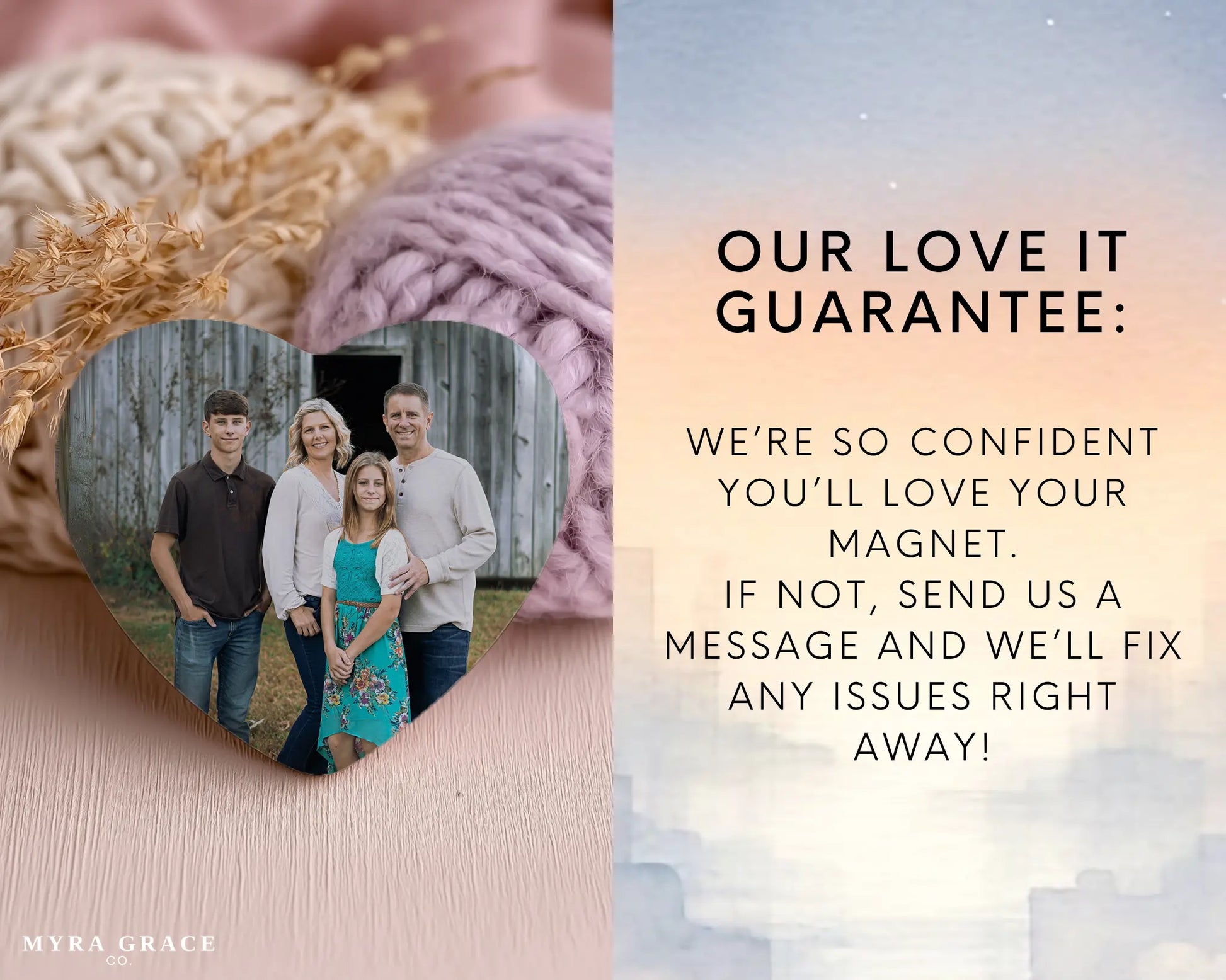 Heart-shaped custom family ceramic photo magnet on fridge – handmade personalized gift or Christmas fridge magnet. Love it guarantee