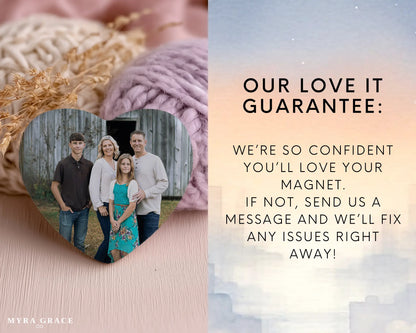 Heart-shaped custom family ceramic photo magnet on fridge – handmade personalized gift or Christmas fridge magnet. Love it guarantee