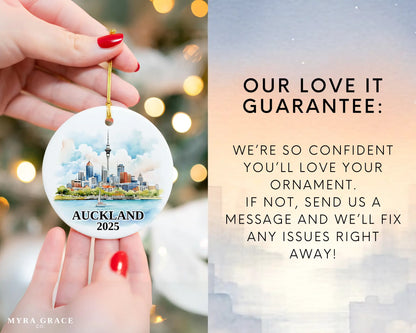 Custom Auckland, New Zealand ceramic photo ornament with personalized message – handmade Christmas bauble, gift souvenir, or vacation keepsake. Love it guarantee