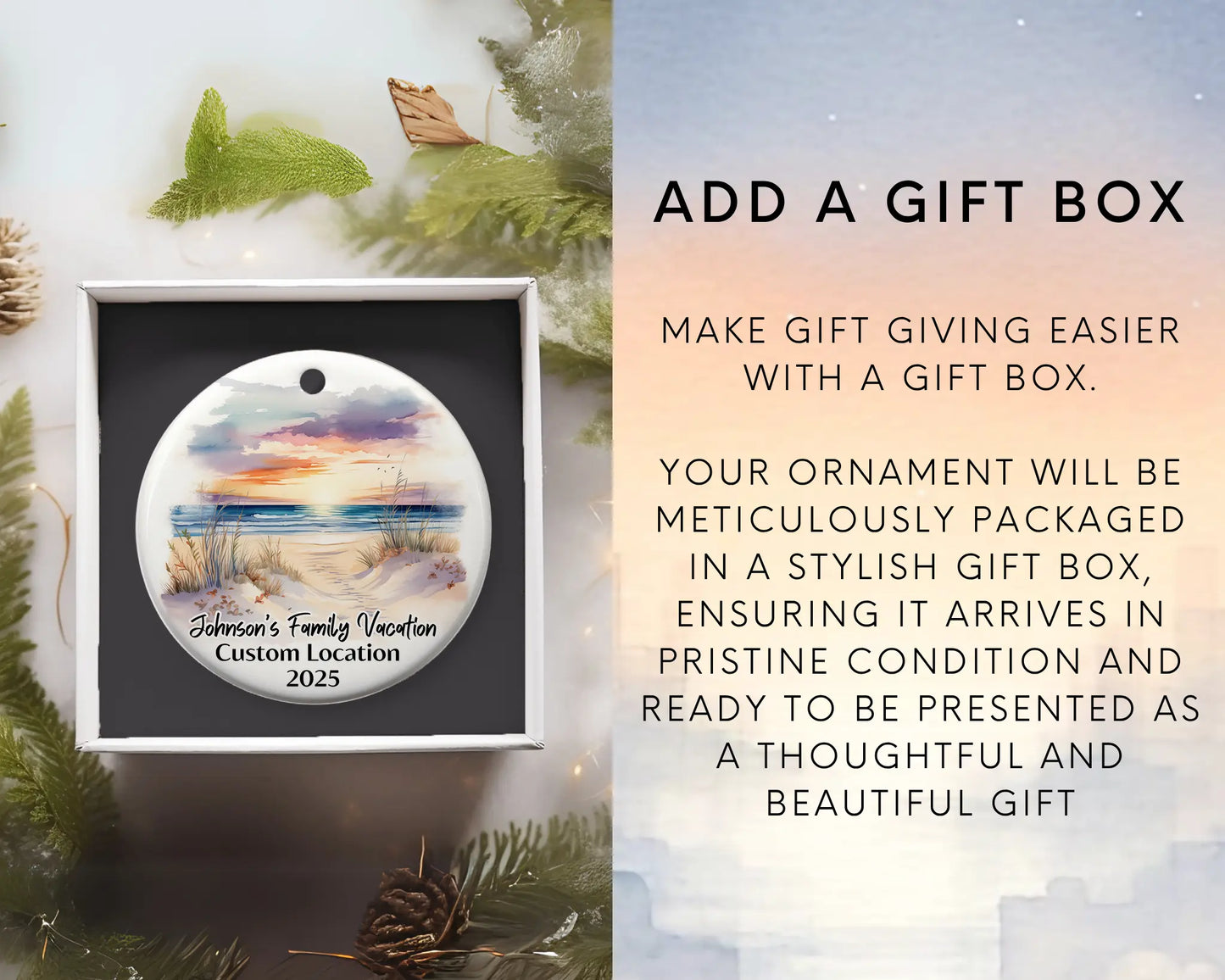 Custom vacation ceramic photo ornament with personalized message – handmade Christmas bauble, gift souvenir, or vacation keepsake. Add gift box