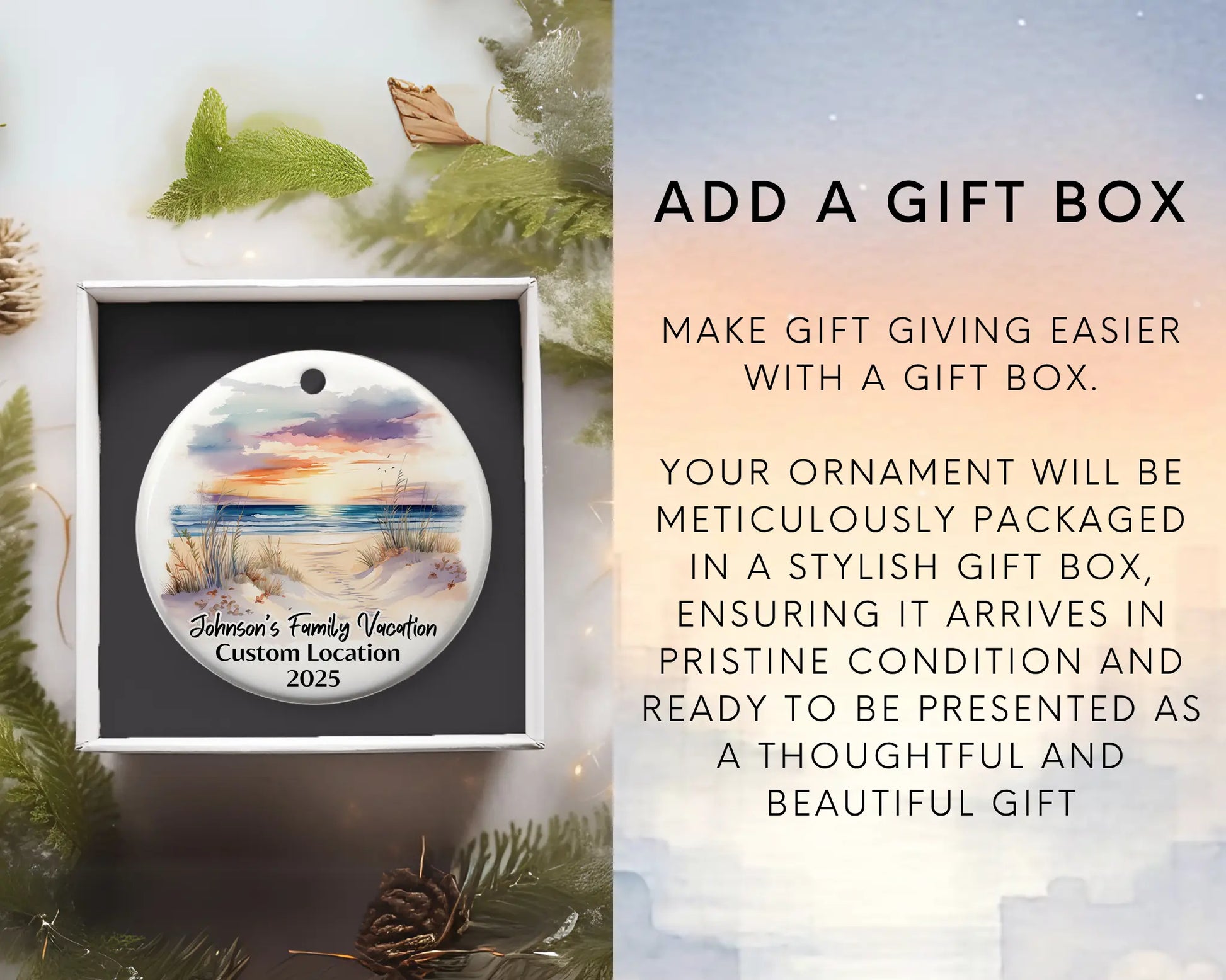 Custom vacation ceramic photo ornament with personalized message – handmade Christmas bauble, gift souvenir, or vacation keepsake. Add gift box