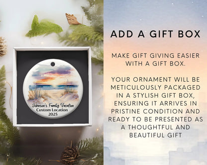 Custom vacation ceramic photo ornament with personalized message – handmade Christmas bauble, gift souvenir, or vacation keepsake. Add gift box