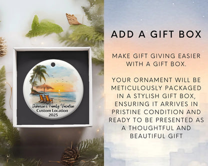 Custom vacation ceramic photo ornament with personalized message – handmade Christmas bauble, gift souvenir, or vacation keepsake. Add gift box