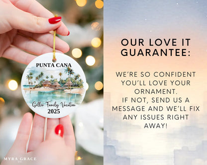 Custom vacation Punta Cana ceramic photo ornament with personalized message – handmade Christmas bauble, gift souvenir, or vacation keepsake. Love it guarantee