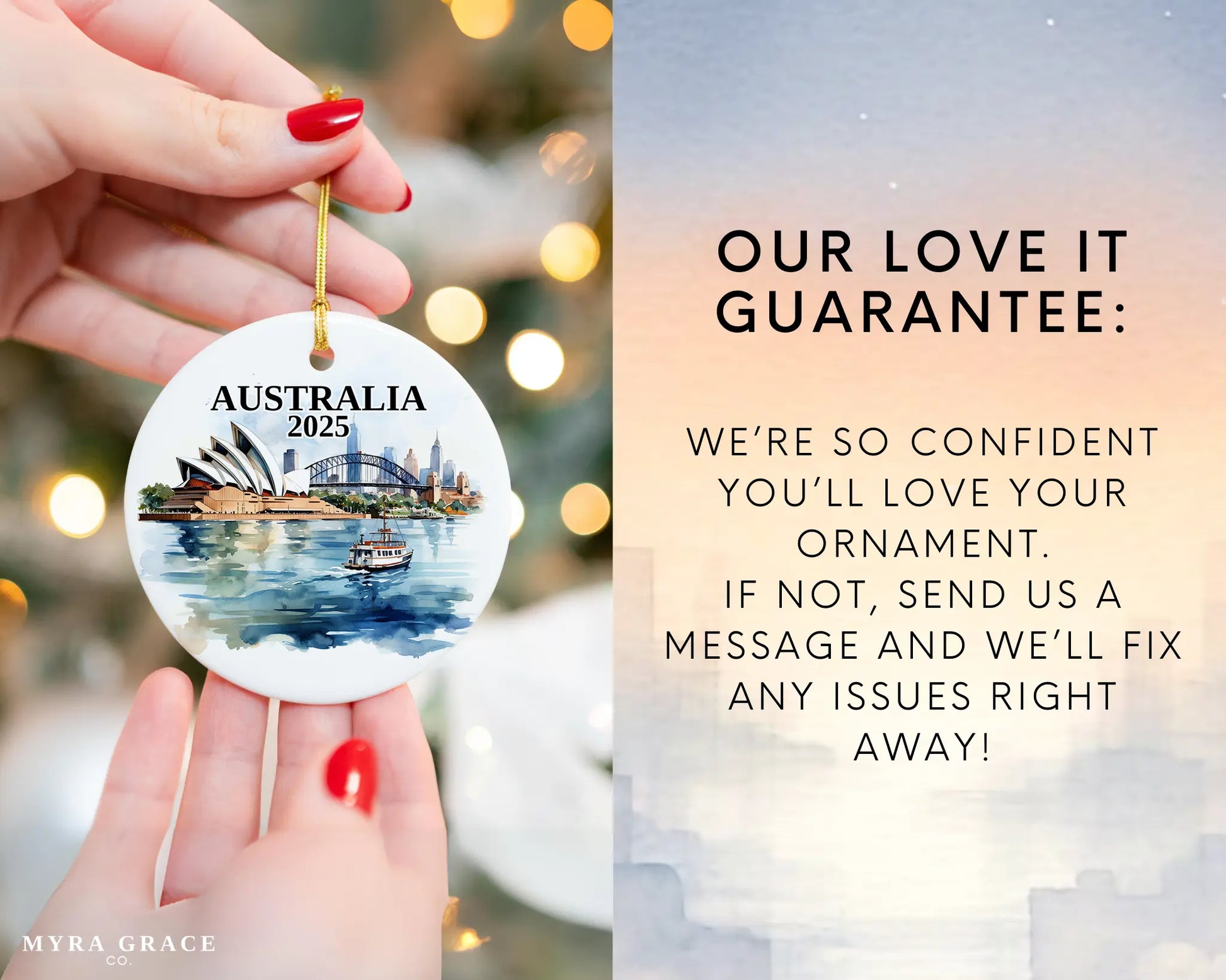Custom Sydney, Australia ceramic photo ornament with personalized message – handmade Christmas bauble, gift souvenir, or vacation keepsake. Love it guarantee
