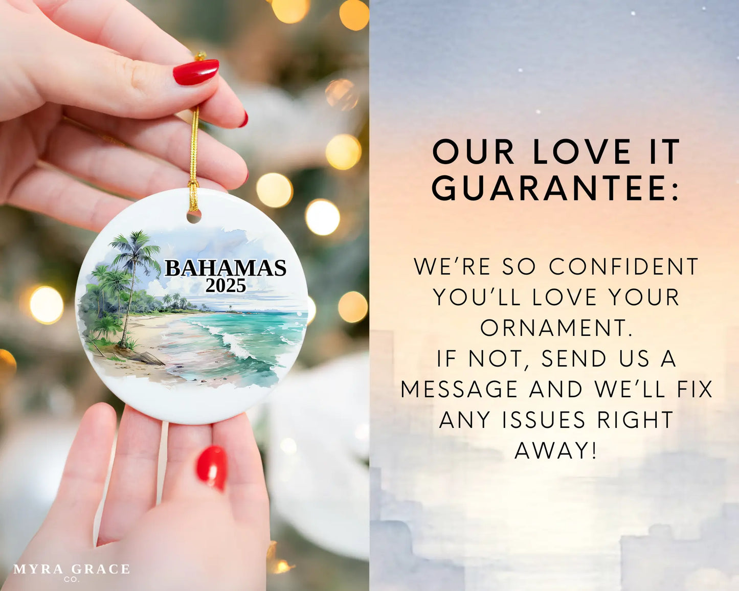 Custom Bahamas ceramic photo ornament with personalized message – handmade Christmas bauble, gift souvenir, or vacation keepsake. Love it guarantee