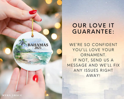 Custom Bahamas ceramic photo ornament with personalized message – handmade Christmas bauble, gift souvenir, or vacation keepsake. Love it guarantee