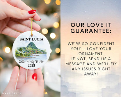 Custom vacation Saint Lucia ceramic photo ornament with personalized message – handmade Christmas bauble, gift souvenir, or vacation keepsake. Love it guarantee