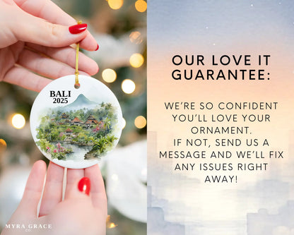 Custom Bali ceramic photo ornament with personalized message – handmade Christmas bauble, gift souvenir, or vacation keepsake. Love it guarantee