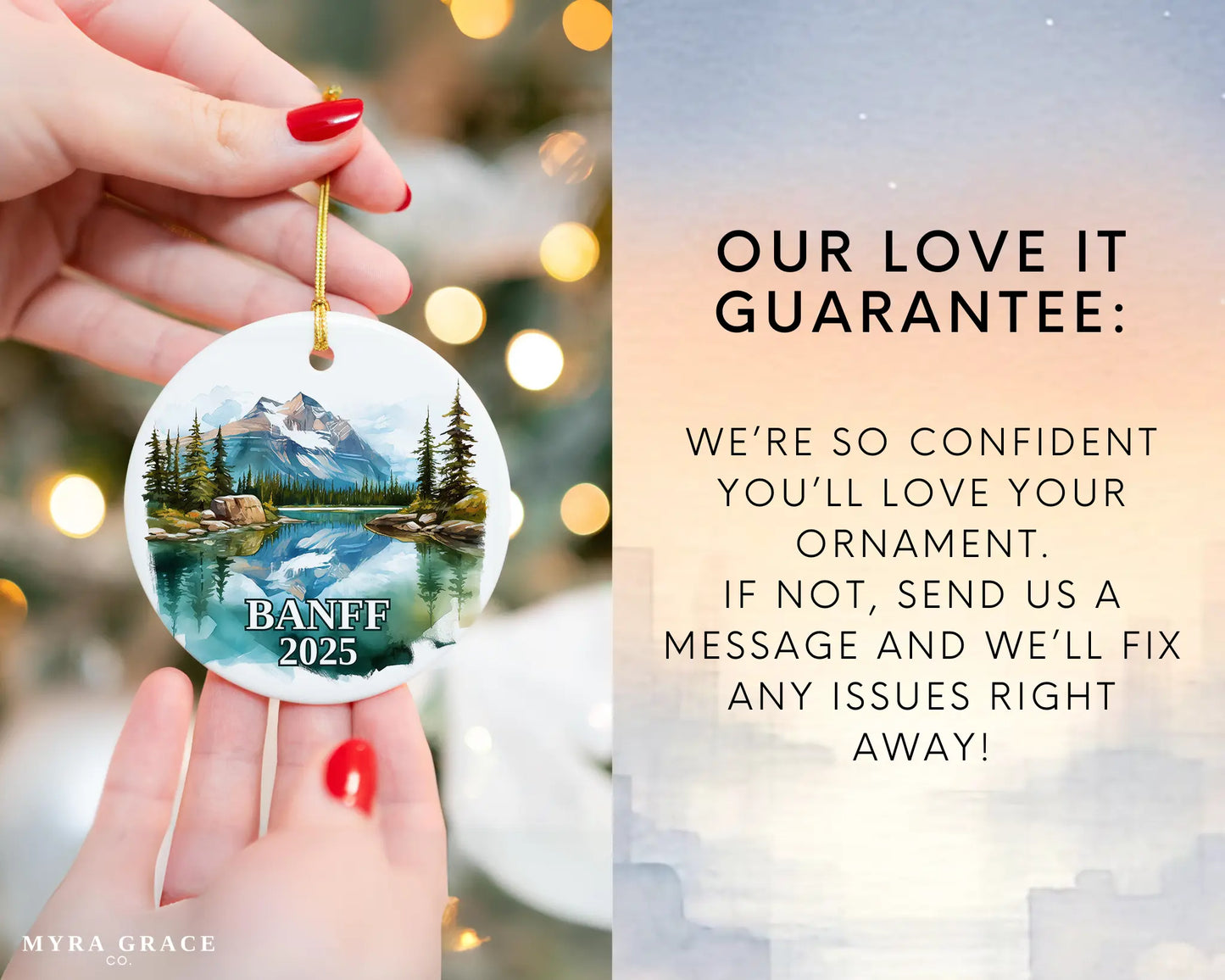 Custom Banff, Canada ceramic photo ornament with personalized message – handmade Christmas bauble, gift souvenir, or vacation keepsake. Love it guarantee