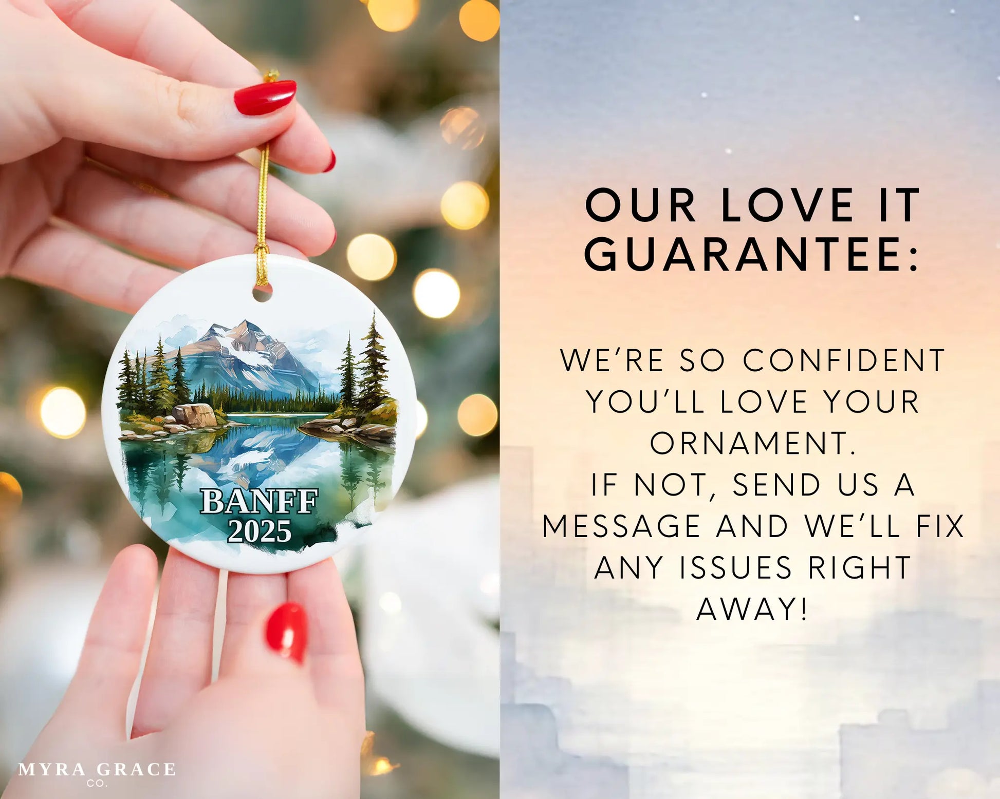 Custom Banff, Canada ceramic photo ornament with personalized message – handmade Christmas bauble, gift souvenir, or vacation keepsake. Love it guarantee