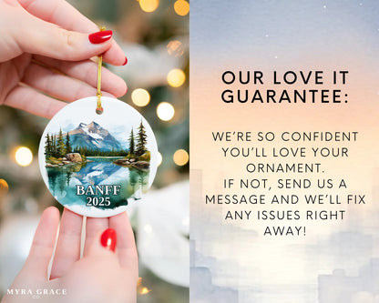 Custom Banff, Canada ceramic photo ornament with personalized message – handmade Christmas bauble, gift souvenir, or vacation keepsake. Love it guarantee