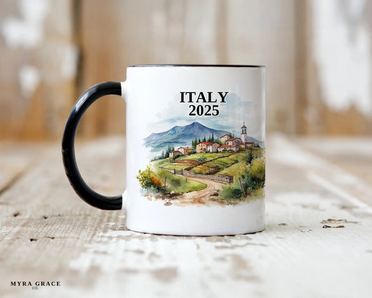 Custom ceramic Italy vacation mug with watercolor location design, date, and personal photo – personalized travel gift or photo mug. 