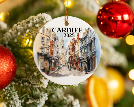 Custom Cardiff Wales ceramic photo ornament with personalized message – handmade Christmas bauble, gift souvenir, or vacation keepsake.  