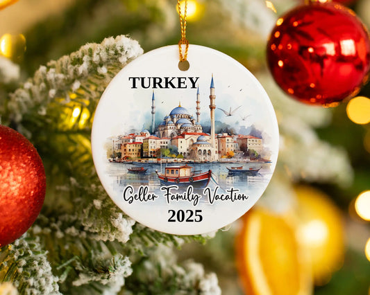 Custom vacation Turkey ceramic photo ornament with personalized message – handmade Christmas bauble, gift souvenir, or vacation keepsake. 