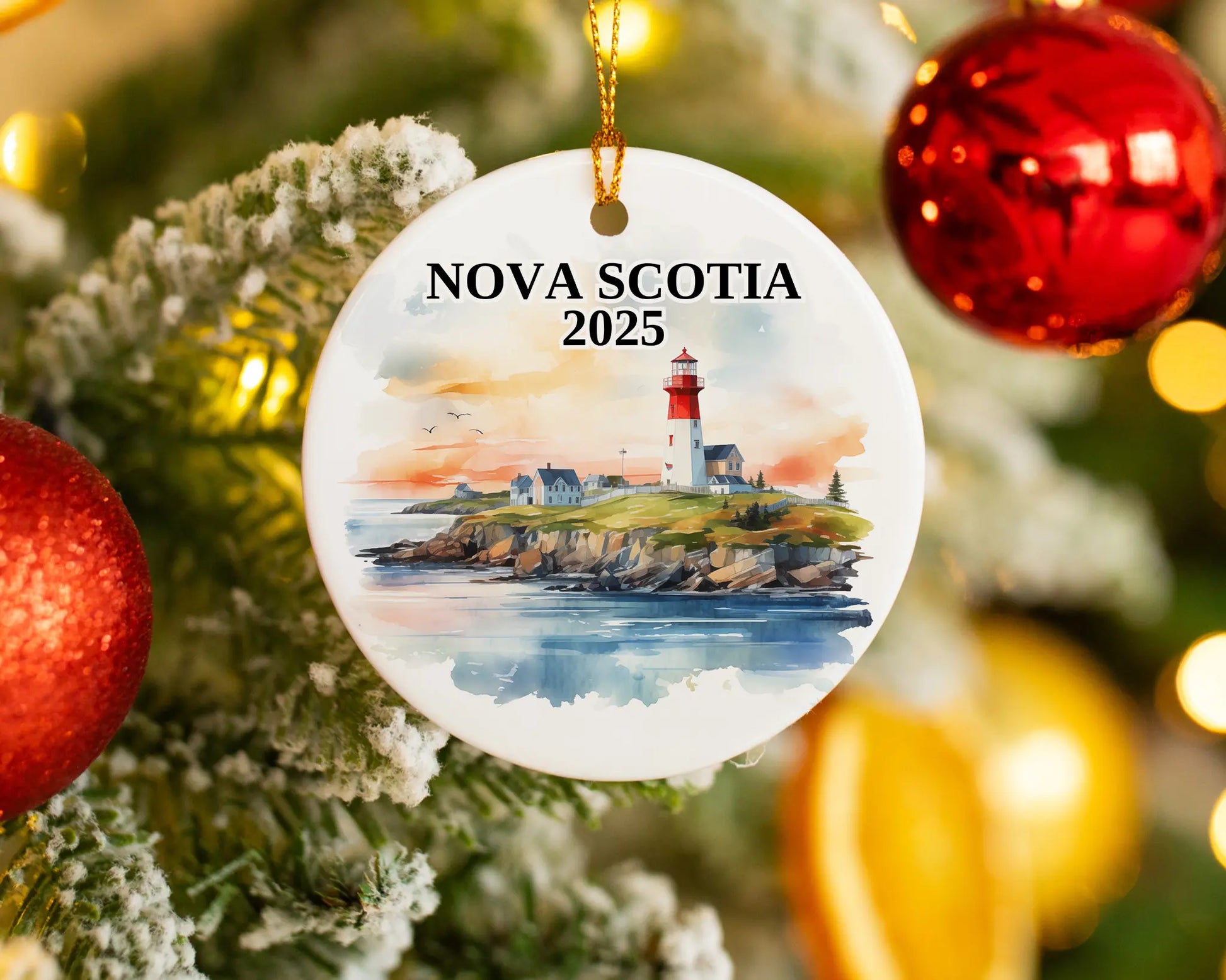 Custom Nova Scotia ceramic photo ornament with personalized message – handmade Christmas bauble, gift souvenir, or vacation keepsake. 